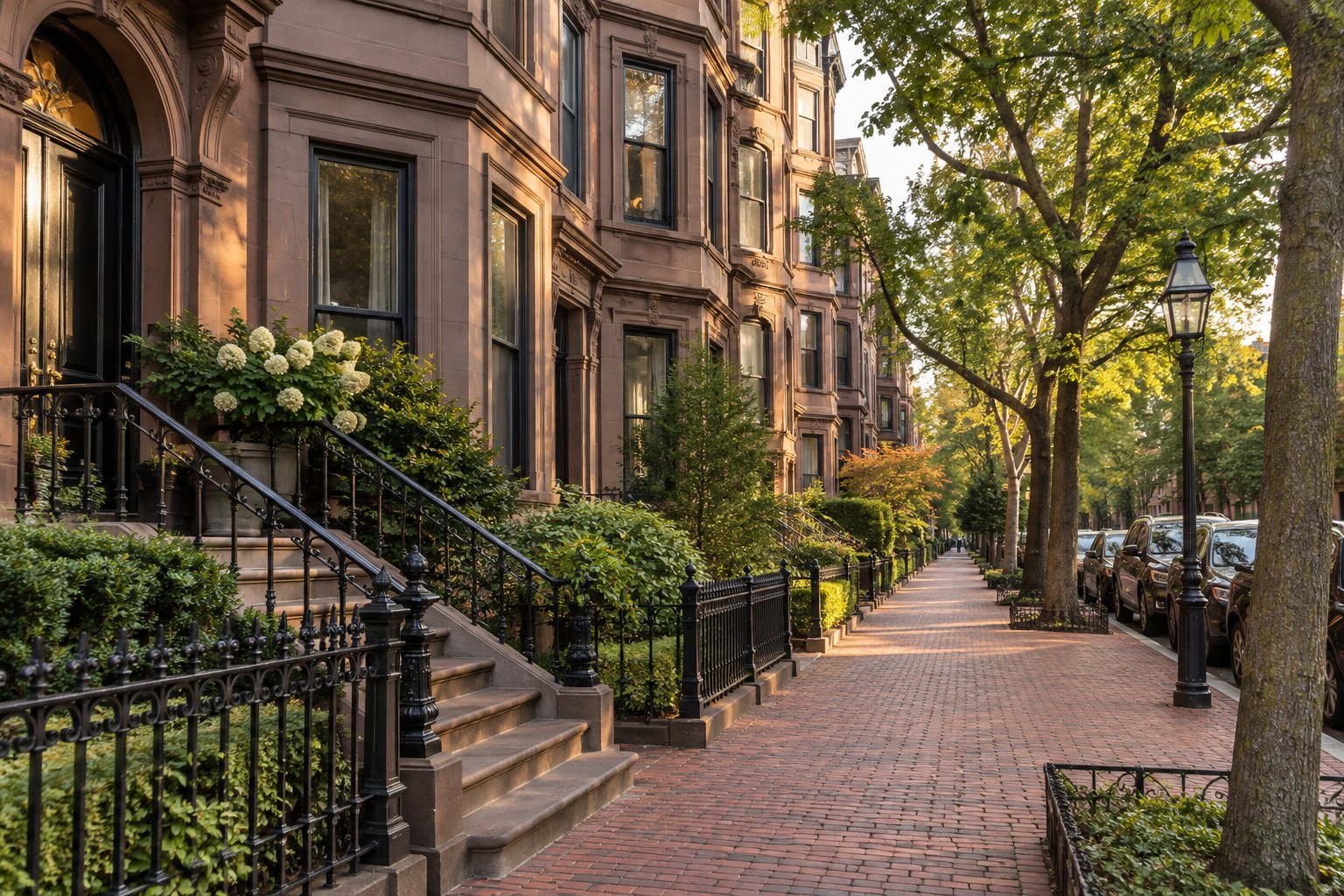A Back Bay Boston brownstone sidewalk, illustrative