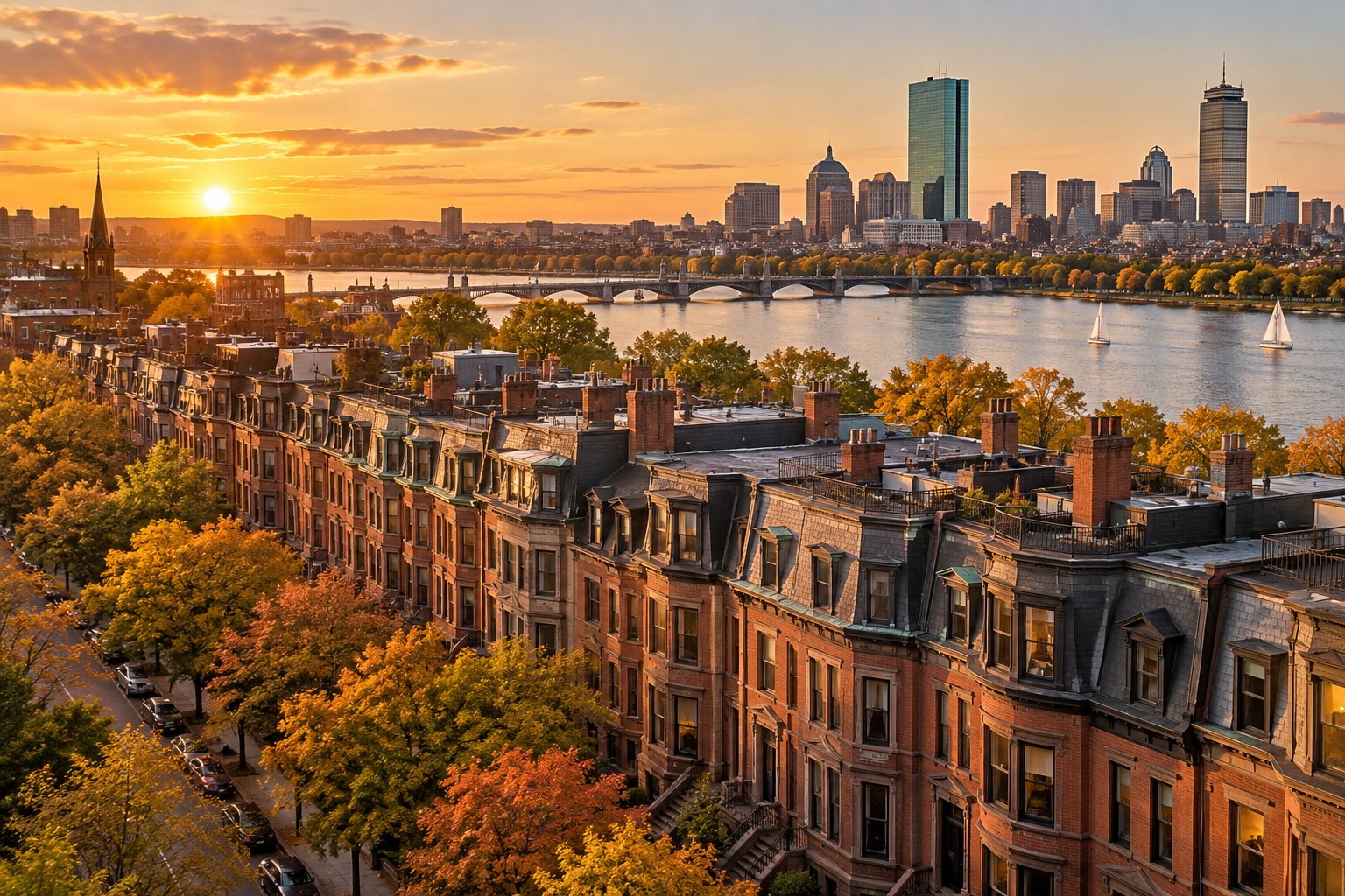 Back Bay Boston brownstones at sunset along the river, illustrative