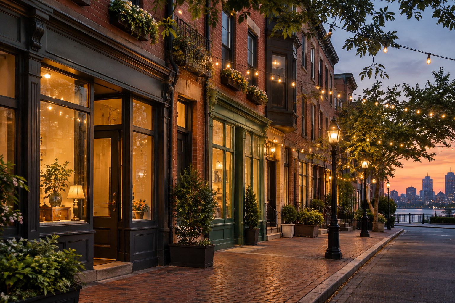 A tree-lined Boston area street at sunset, illustrative