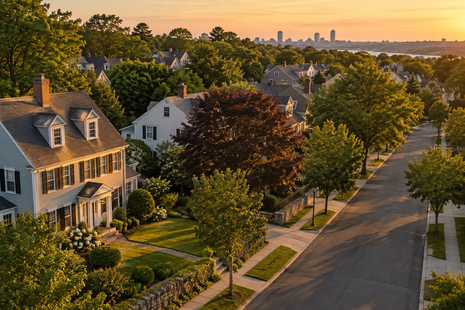 A modern Boston condo building exterior at dusk, illustrative